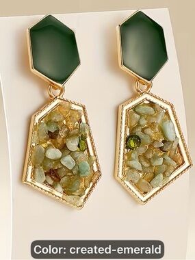 Retro Avocado green Earrings with Created-Emerald-Irregular Geometric inlaid